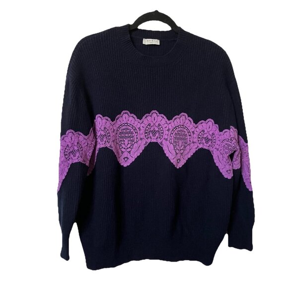 Sandro Paris Wool Lace Insert Sweater Womens 6 Navy Blue Knit Boho Oversized - Picture 1 of 11
